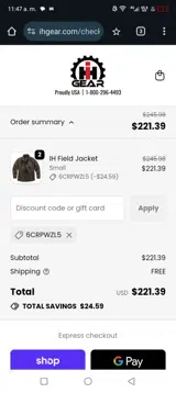 IH Gear coupon verification screenshot