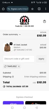 IH Gear coupon verification screenshot