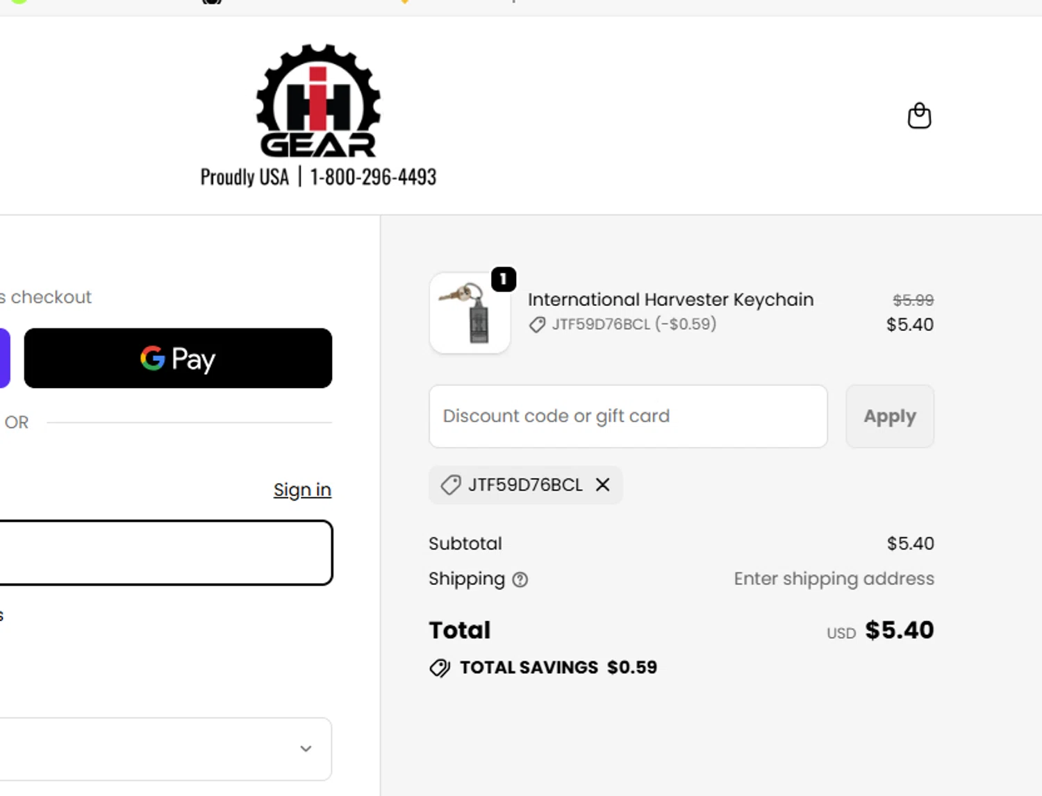 IH Gear promo code screenshot showing code JTF59D76BCL applied at IH Gear checkout page. Uploaded by SimplyCodes community member Loki_Odinson on Jan 1, 2026