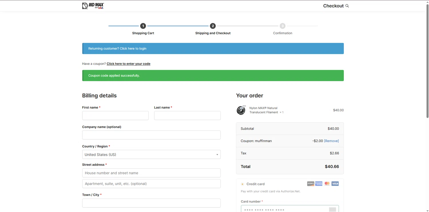 IIID MAX coupon code screenshot showing code muffinman applied at IIID MAX checkout page. Uploaded by SimplyCodes community member ShieldTiger926 on Mar 9, 2025