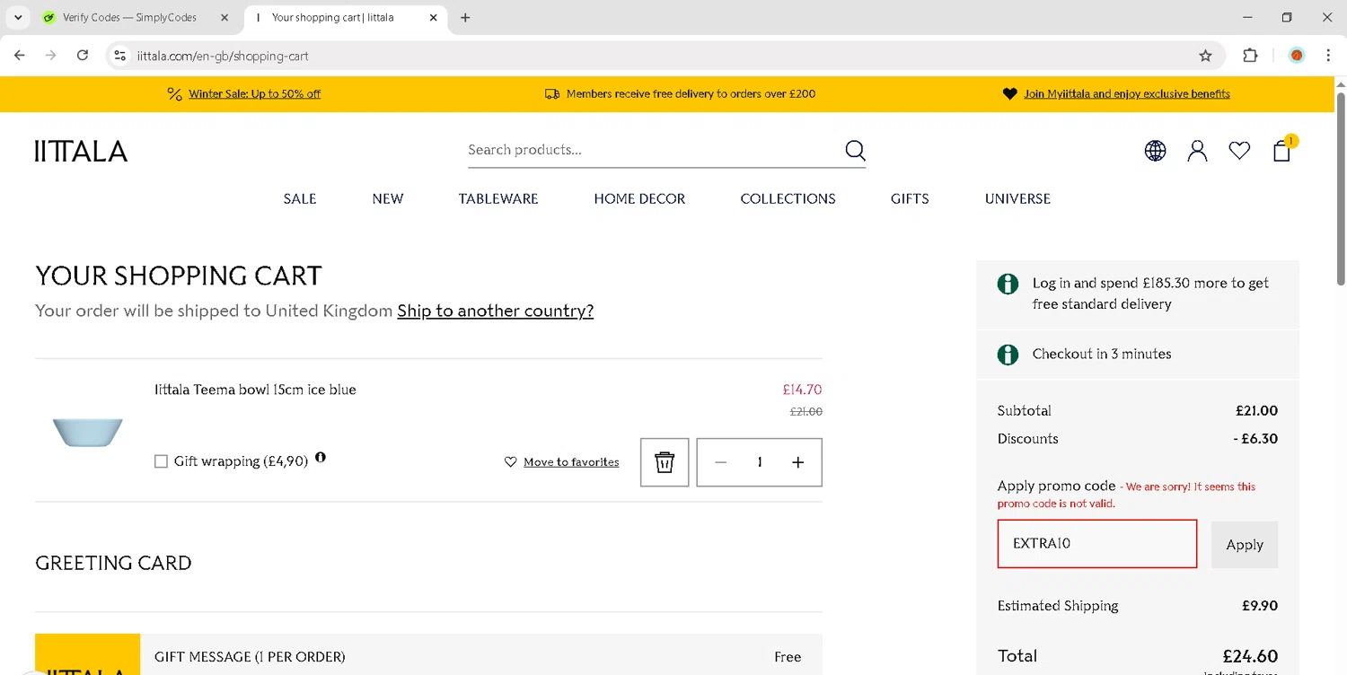 Iittala promo code screenshot showing code EXTRA10 applied at Iittala checkout page. Uploaded by SimplyCodes community member JosephStevens774 on Dec 30, 2025