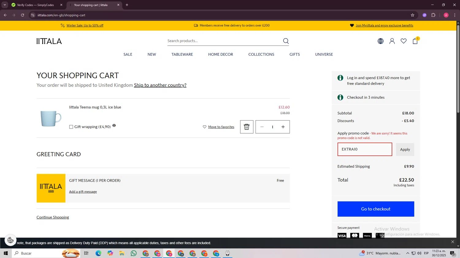 Iittala promo code screenshot showing code EXTRA10 applied at Iittala checkout page. Uploaded by SimplyCodes community member SaleScholar6713 on Dec 30, 2025