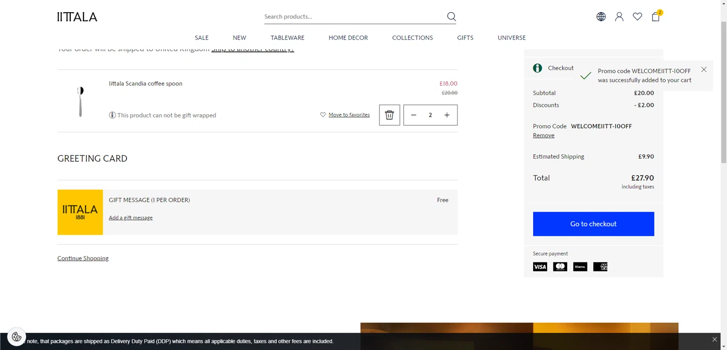 Iittala promo code screenshot showing code WELCOMEIITT-10OFF applied at Iittala checkout page. Uploaded by SimplyCodes community member DiscountWarden480 on Jul 21, 2025