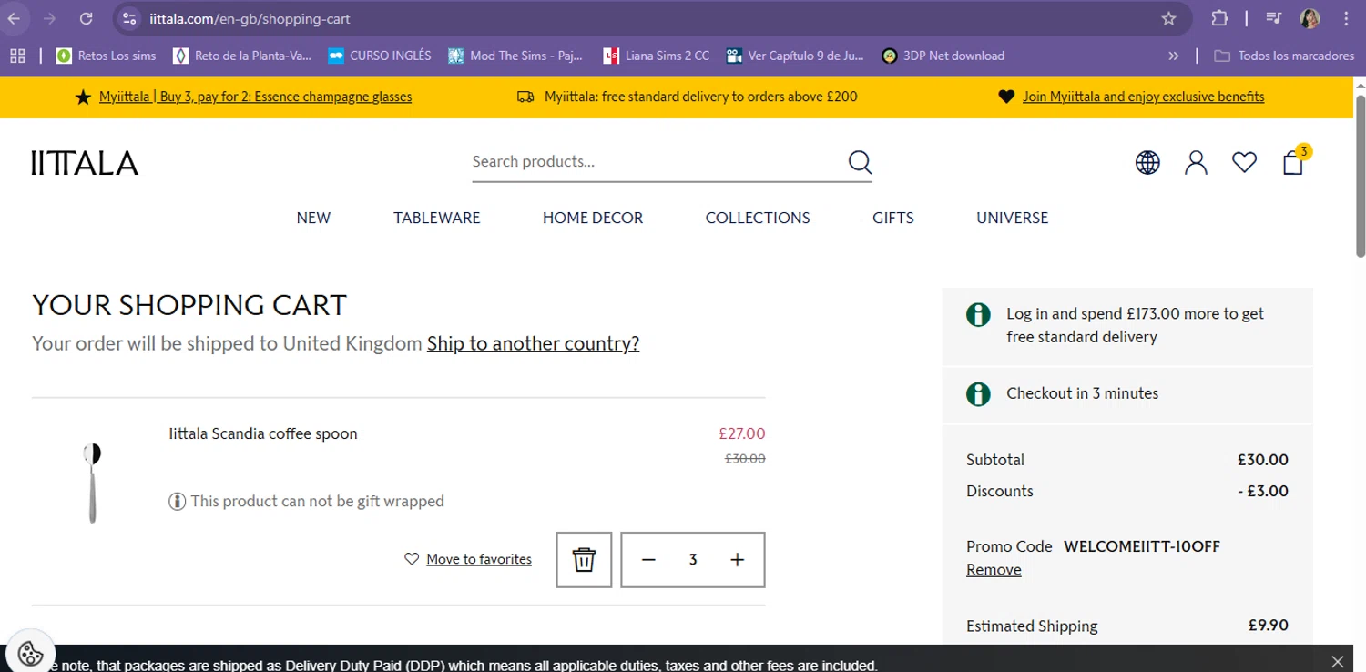 Iittala promo code screenshot showing code WELCOMEIITT-10OFF applied at Iittala checkout page. Uploaded by SimplyCodes community member Milk_Tea on May 11, 2025