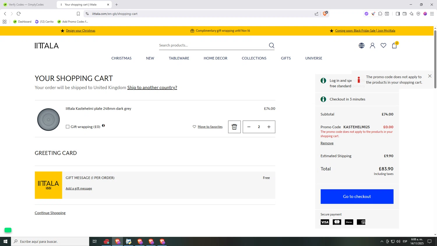 Iittala promo code screenshot showing code KASTEHELMI25 applied at Iittala checkout page. Uploaded by SimplyCodes community member Nezukooo on Nov 14, 2025