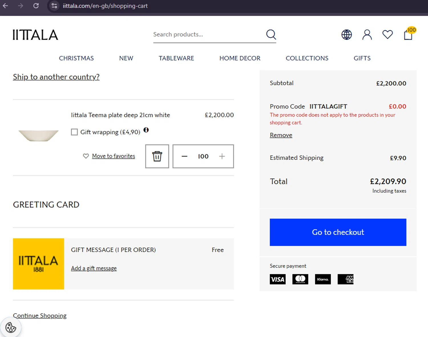 Iittala checkout page showing Iittala promo code box | Screenshot taken by SimplyCodes community member on Nov 17, 2025