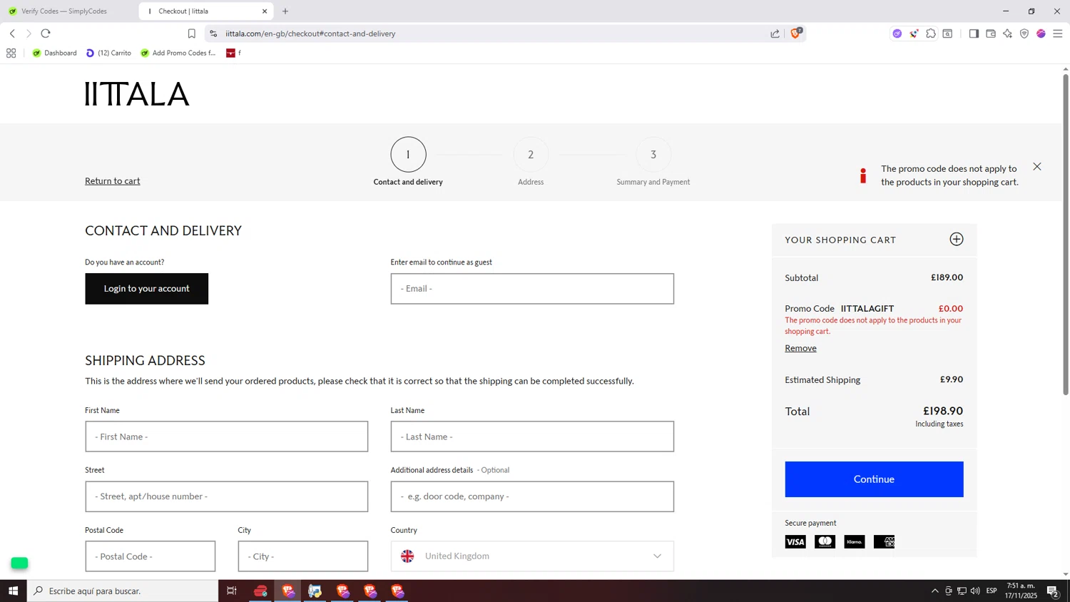 Iittala checkout page showing Iittala promo code box | Screenshot taken by SimplyCodes community member on Nov 17, 2025