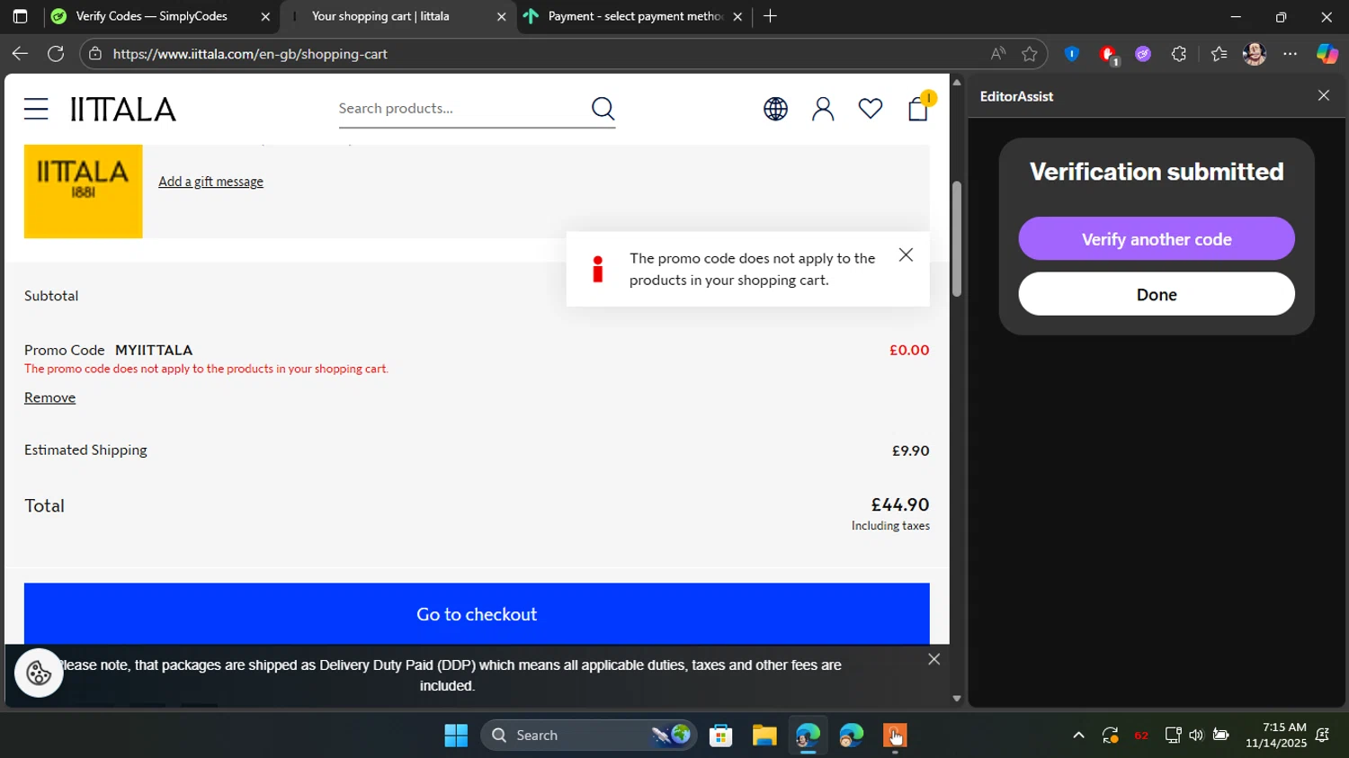 Iittala promo code screenshot showing code MYIITTALA applied at Iittala checkout page. Uploaded by SimplyCodes community member Blackleg_Sanji on Nov 14, 2025