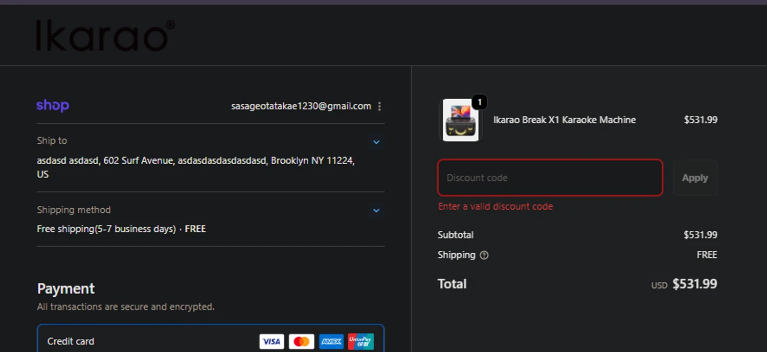 Ikarao discount code screenshot showing code NEW8 applied at Ikarao checkout page. Uploaded by SimplyCodes community member FIREINTHEHOLE on Dec 8, 2025
