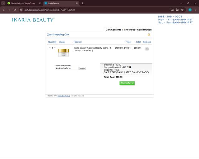 Ikaria Beauty checkout page showing Ikaria Beauty coupon code box | Screenshot taken by SimplyCodes community member on Dec 1, 2024