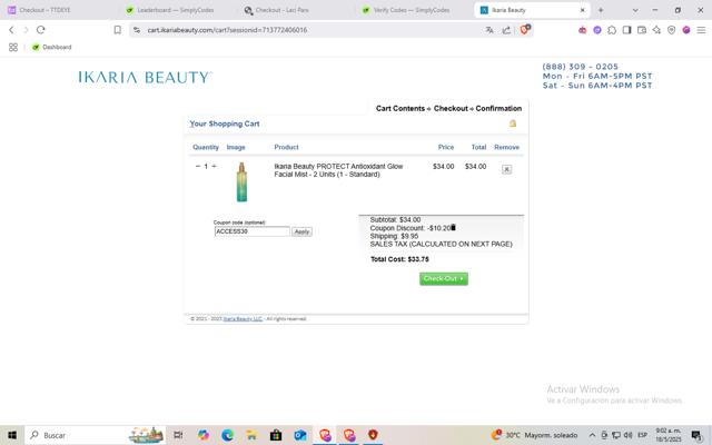 Ikaria Beauty checkout page showing Ikaria Beauty coupon code box | Screenshot taken by SimplyCodes community member on May 18, 2025