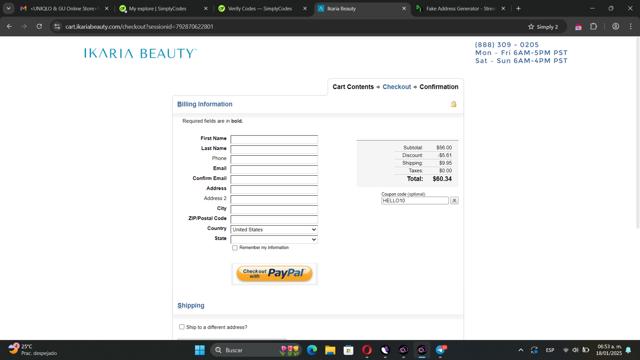 Ikaria Beauty checkout page showing Ikaria Beauty coupon code box | Screenshot taken by SimplyCodes community member on Jan 18, 2025