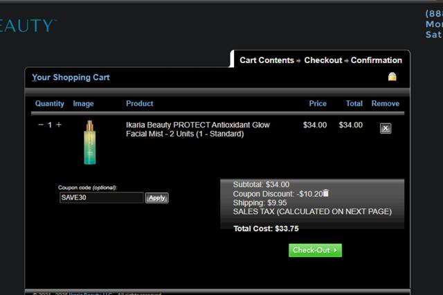 Ikaria Beauty checkout page showing Ikaria Beauty coupon code box | Screenshot taken by SimplyCodes community member on Mar 6, 2025