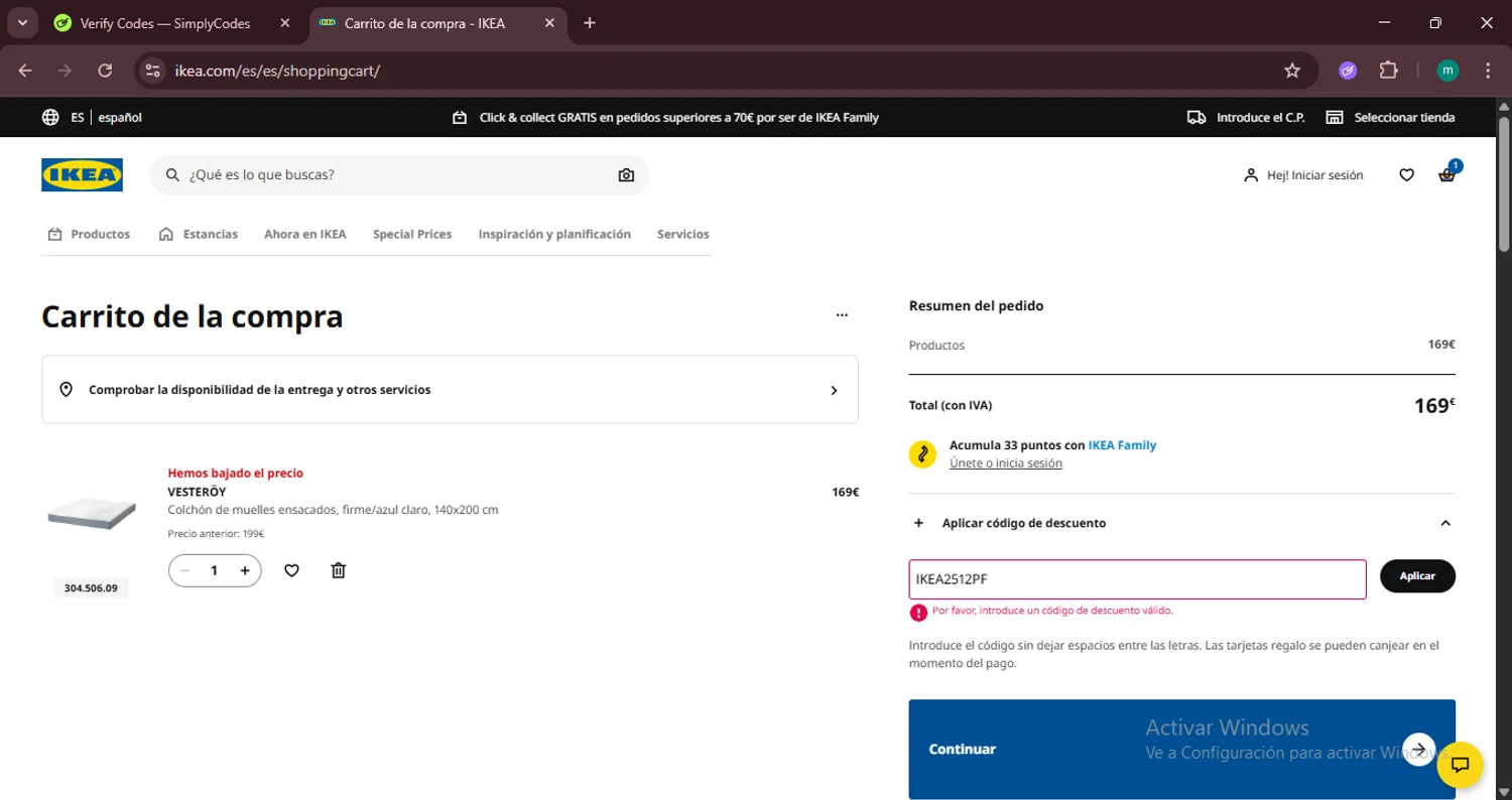 IKEA discount code screenshot showing code IKEA2512PF applied at IKEA checkout page. Uploaded by SimplyCodes community member CrownSpotter4262 on Jun 30, 2025