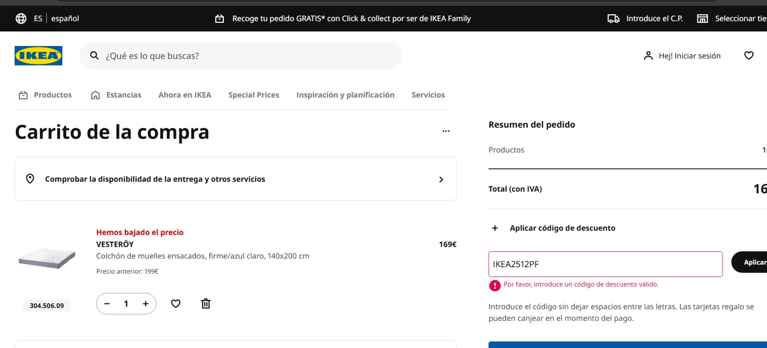 IKEA discount code screenshot showing code IKEA2512PF applied at IKEA checkout page. Uploaded by SimplyCodes community member LieutenantGhost on Mar 13, 2025