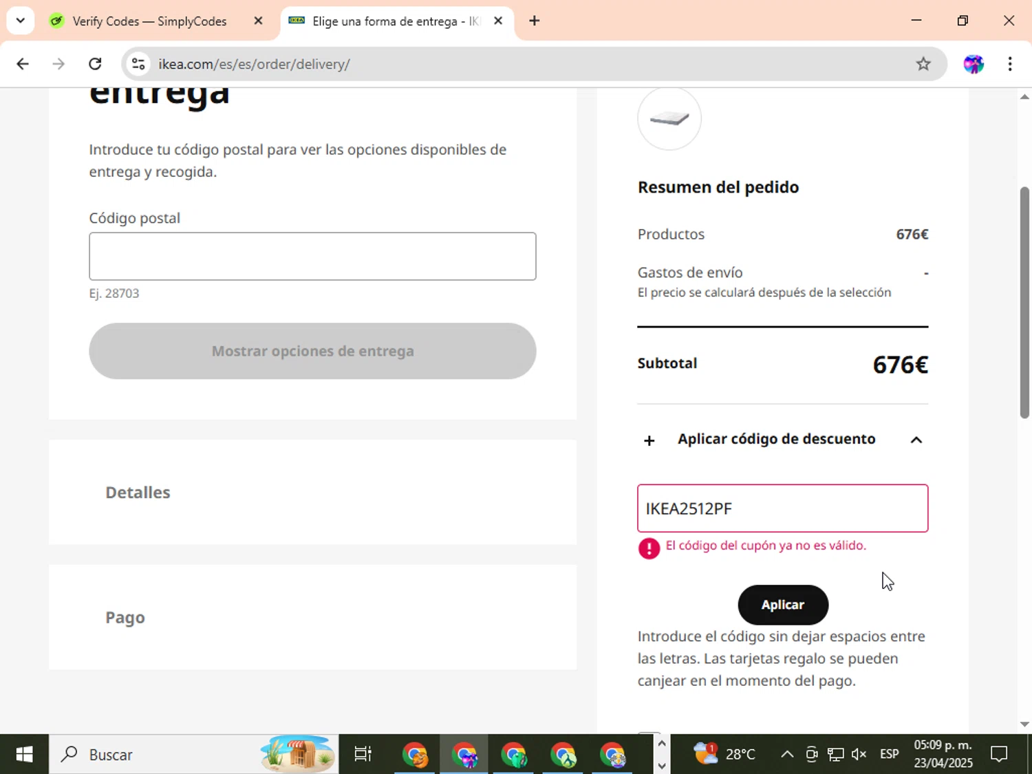 IKEA discount code screenshot showing code IKEA2512PF applied at IKEA checkout page. Uploaded by SimplyCodes community member ingric on Apr 23, 2025