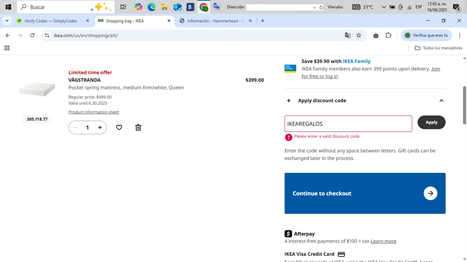 IKEA discount code screenshot showing code IKEAREGALOS applied at IKEA checkout page. Uploaded by SimplyCodes community member CleverFinder2843 on Jun 16, 2025