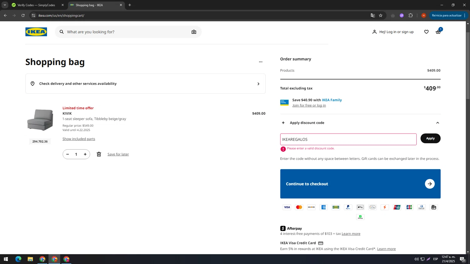 IKEA discount code screenshot showing code IKEAREGALOS applied at IKEA checkout page. Uploaded by SimplyCodes community member SIMPLYCODESSS on Apr 21, 2025