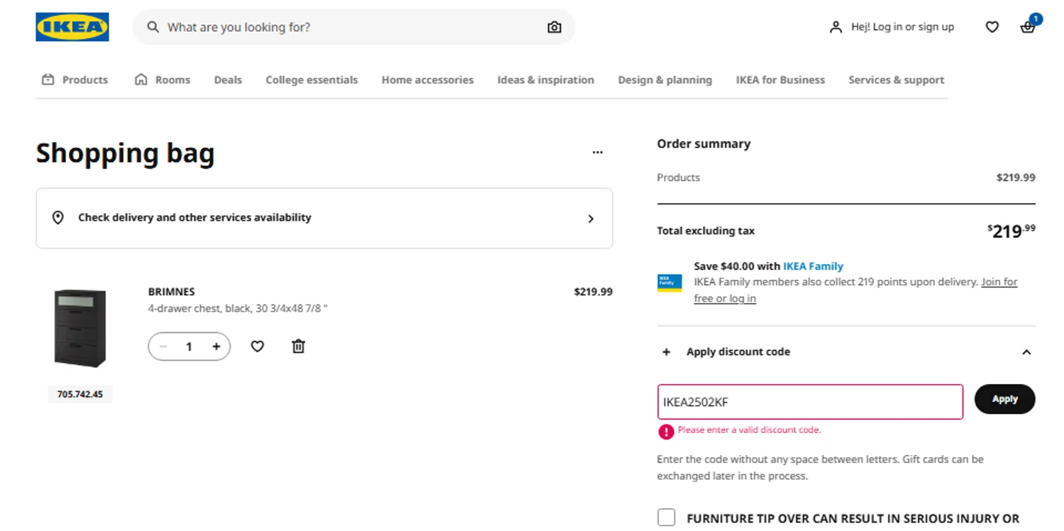 IKEA discount code screenshot showing code IKEA2502KF applied at IKEA checkout page. Uploaded by SimplyCodes community member CouponLion3243 on Jul 19, 2025