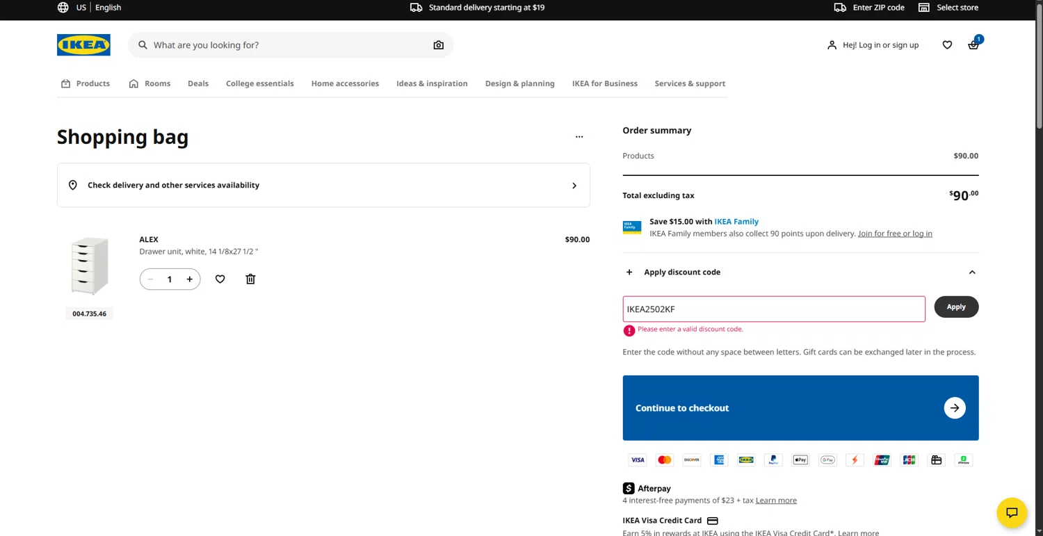 IKEA discount code screenshot showing code IKEA2502KF applied at IKEA checkout page. Uploaded by SimplyCodes community member leonj9624 on Jul 19, 2025