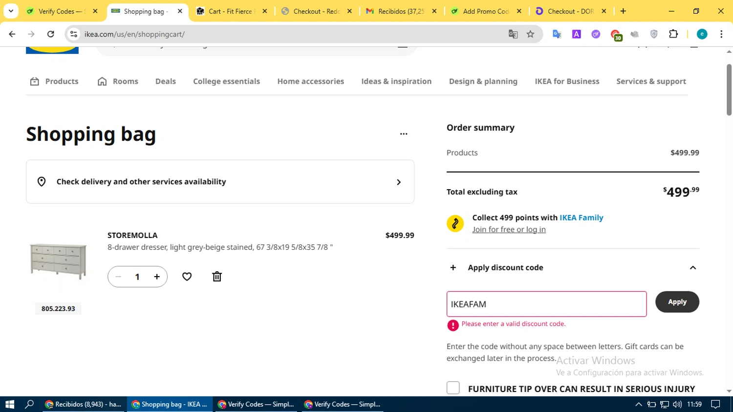 IKEA discount code screenshot showing code IKEAFAM applied at IKEA checkout page. Uploaded by SimplyCodes community member BonusVoyager4214 on Jul 19, 2025