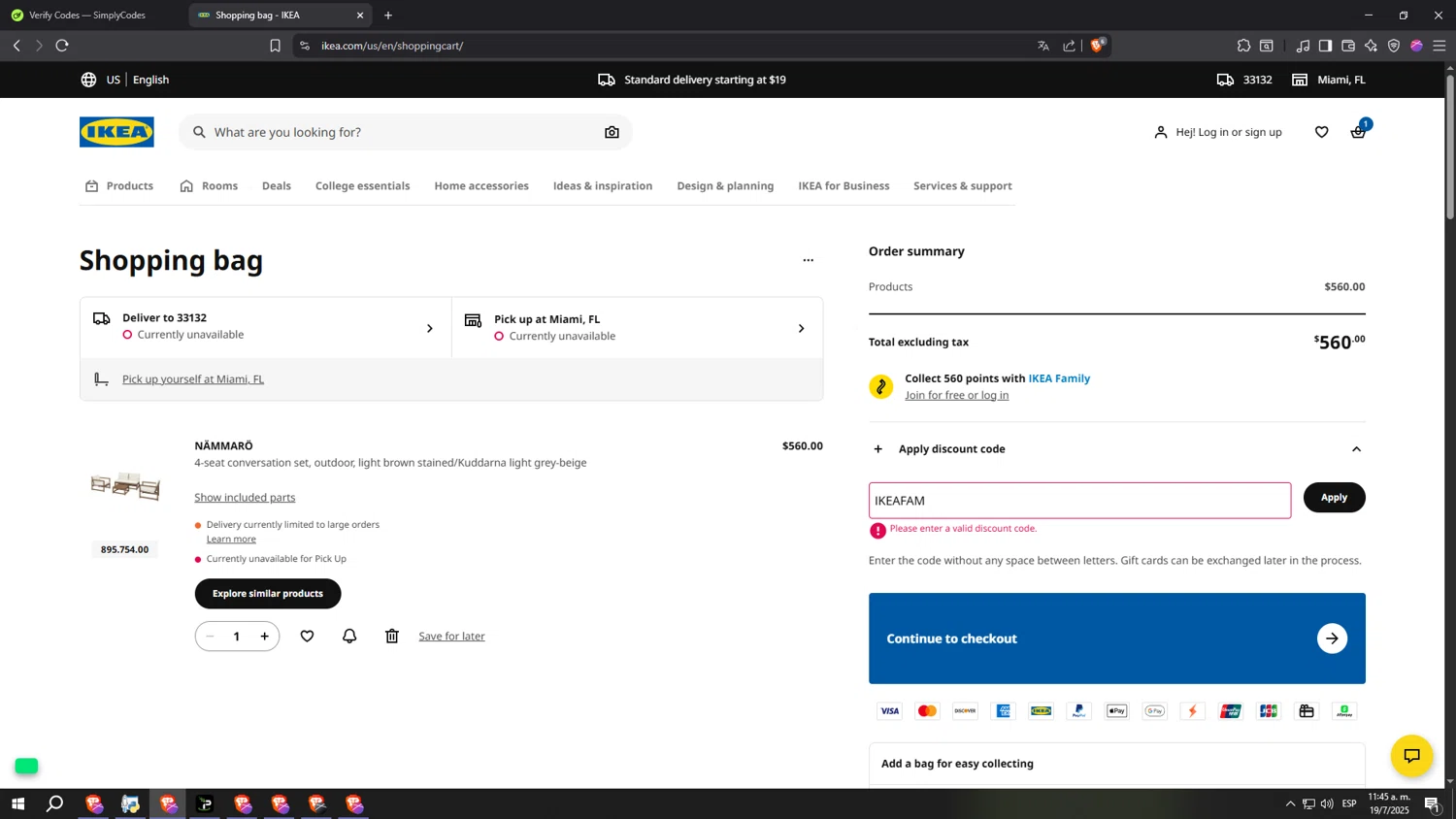 IKEA discount code screenshot showing code IKEAFAM applied at IKEA checkout page. Uploaded by SimplyCodes community member CoheteFast on Jul 19, 2025