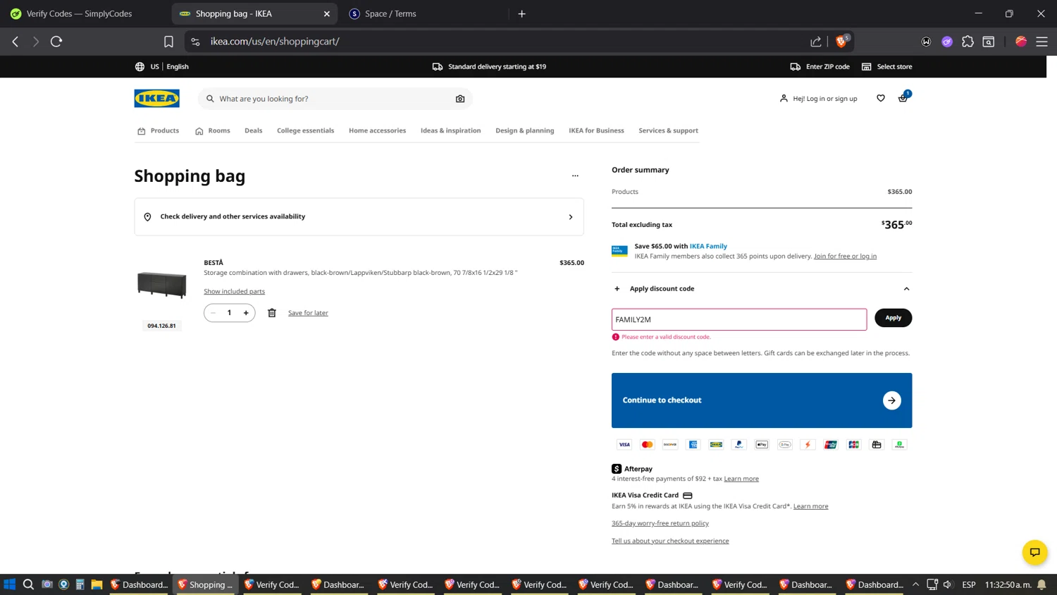 IKEA discount code screenshot showing code FAMILY2M applied at IKEA checkout page. Uploaded by SimplyCodes community member verifier_983798000 on Aug 16, 2025