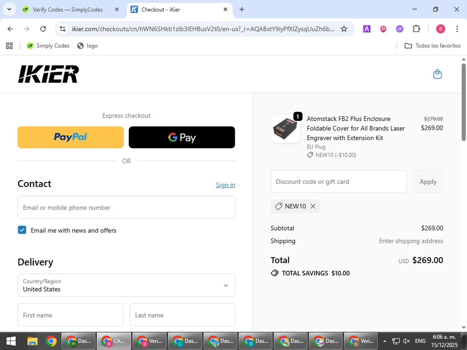 iKier coupon code screenshot showing code NEW10 applied at iKier checkout page. Uploaded by SimplyCodes community member bombontropical on Dec 15, 2025