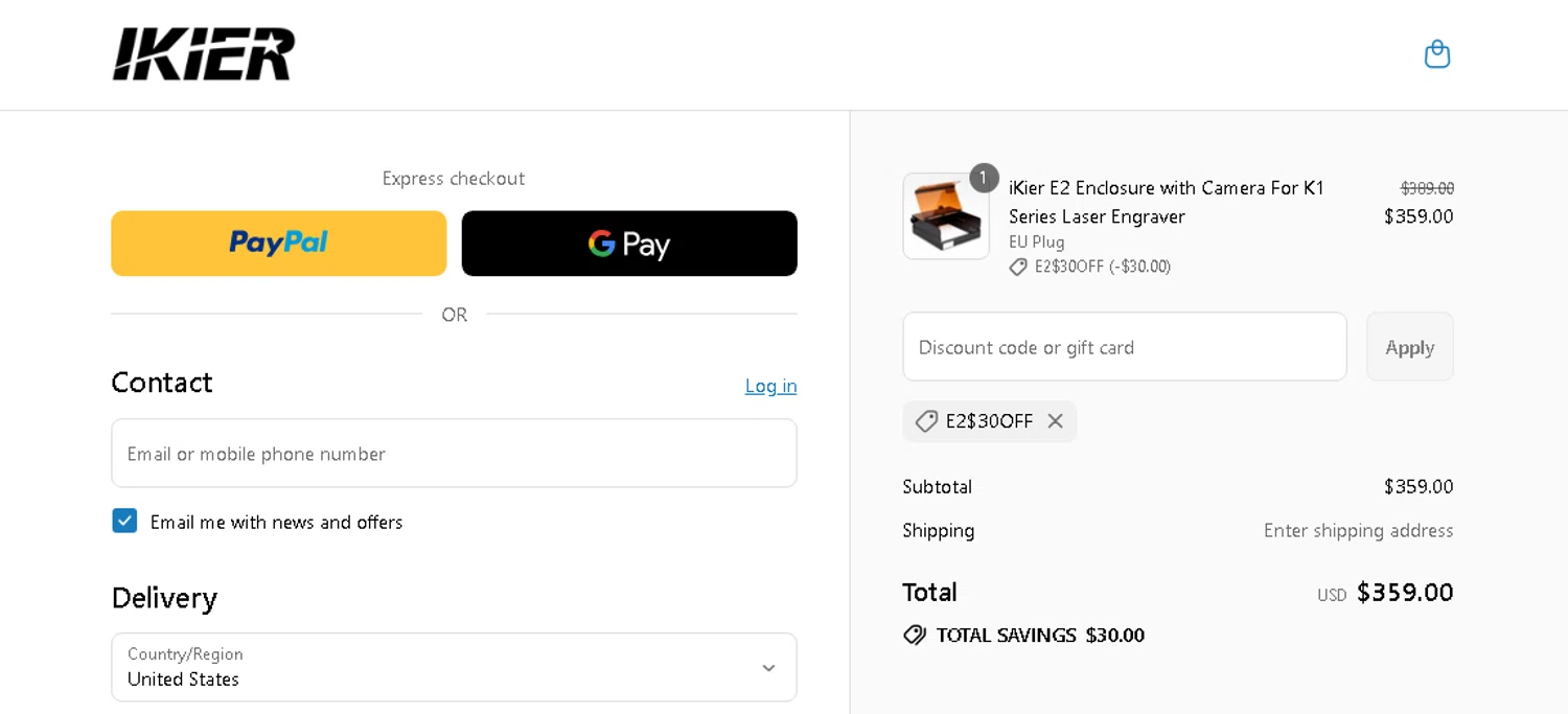 iKier coupon code screenshot showing code E2$30OFF applied at iKier checkout page. Uploaded by SimplyCodes community member CRYSTALSUICINE on Sep 9, 2025