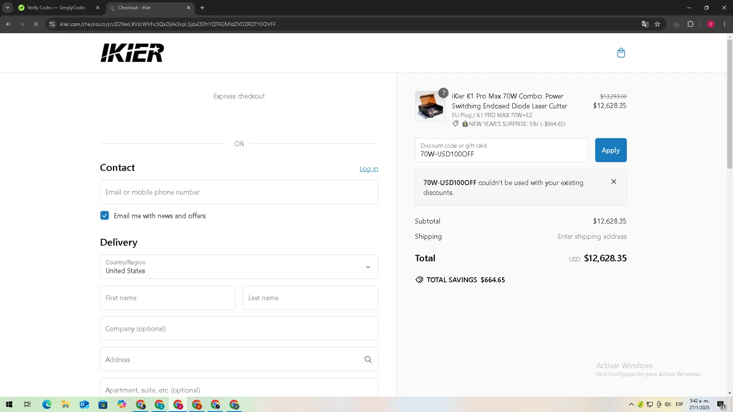 iKier coupon code screenshot showing code 70W-USD100OFF applied at iKier checkout page. Uploaded by SimplyCodes community member TreasureTitan9744 on Jan 27, 2025