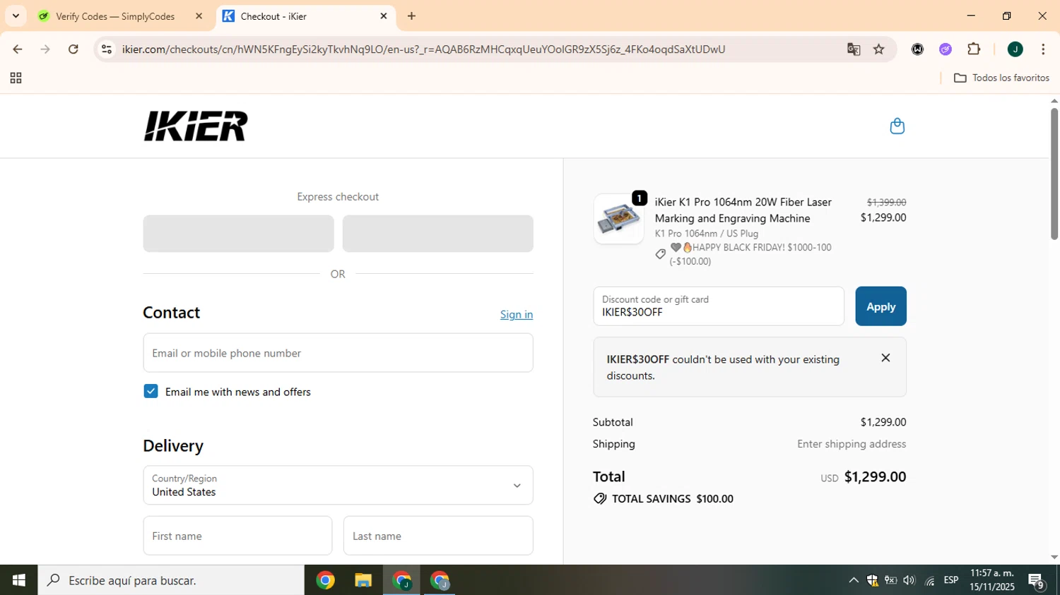iKier coupon code screenshot showing code IKIER$30OFF applied at iKier checkout page. Uploaded by SimplyCodes community member CrownOwl1879 on Nov 15, 2025
