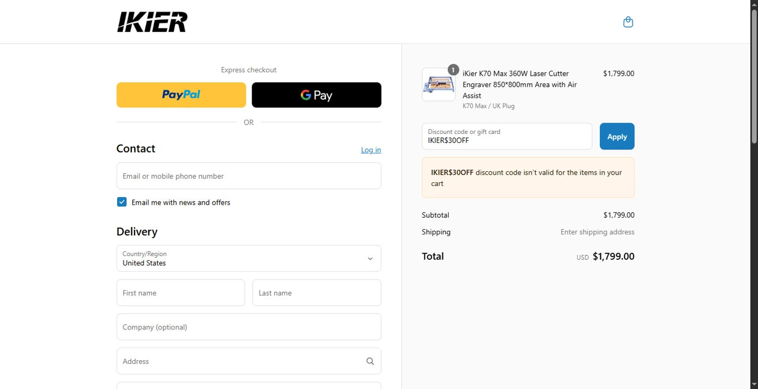 iKier coupon code screenshot showing code IKIER$30OFF applied at iKier checkout page. Uploaded by SimplyCodes community member DiscountPhoenix427 on Aug 14, 2025