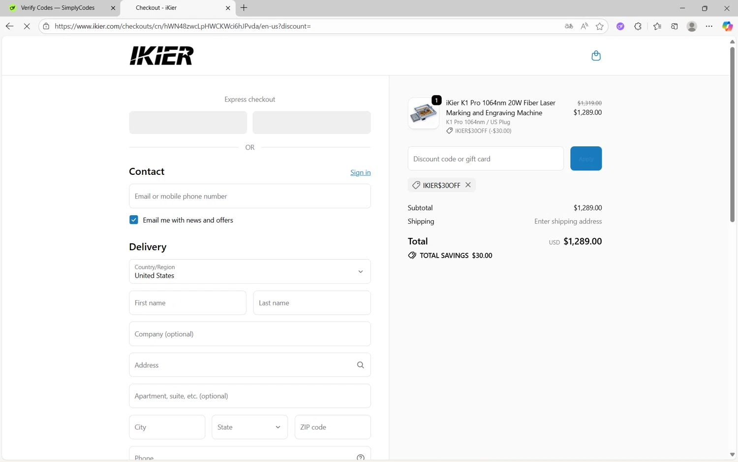 iKier coupon code screenshot showing code IKIER$30OFF applied at iKier checkout page. Uploaded by SimplyCodes community member juan1702 on Oct 15, 2025