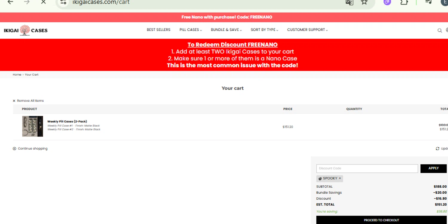 Ikigai Cases discount code screenshot showing code SPOOKY applied at Ikigai Cases checkout page. Uploaded by SimplyCodes community member CashMaestro9337 on Nov 19, 2025