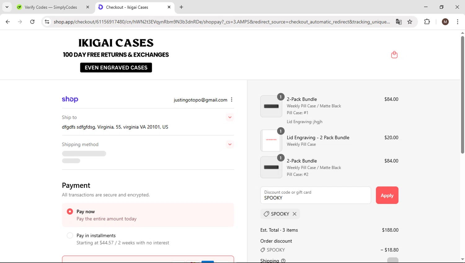 Ikigai Cases discount code screenshot showing code SPOOKY applied at Ikigai Cases checkout page. Uploaded by SimplyCodes community member KTMCRF on Sep 12, 2025