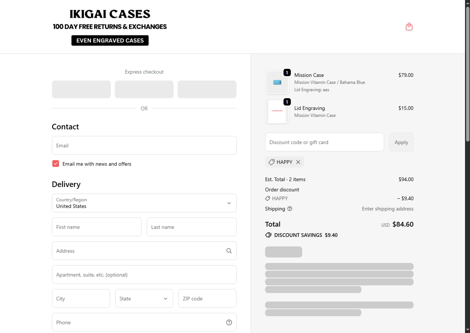 Ikigai Cases discount code screenshot showing code HAPPY applied at Ikigai Cases checkout page. Uploaded by SimplyCodes community member GoldPhoenix3793 on Oct 23, 2025