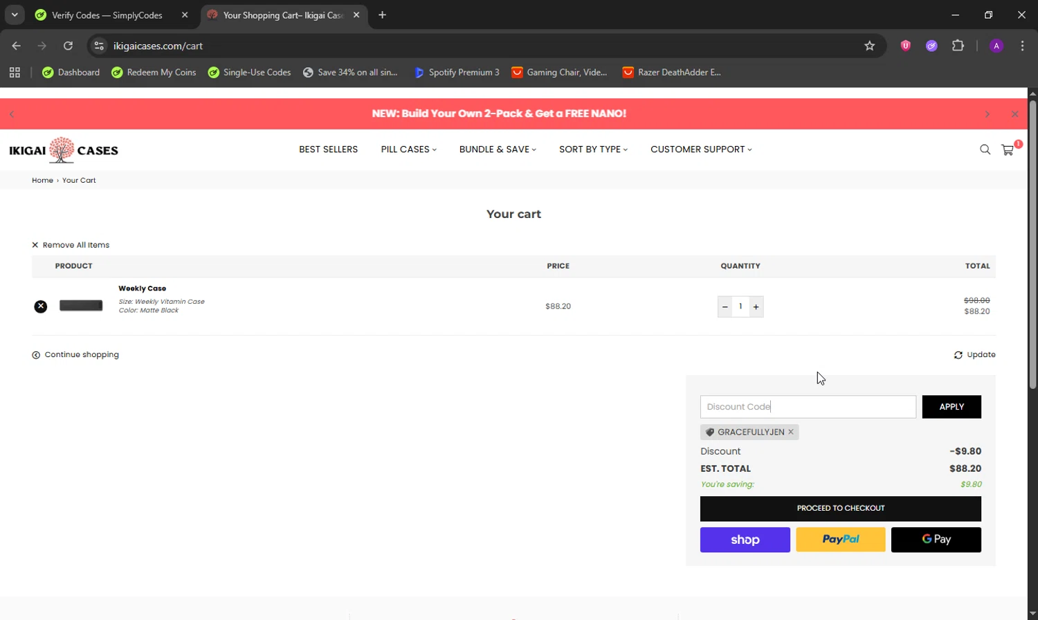 Ikigai Cases discount code screenshot showing code GracefullyJen applied at Ikigai Cases checkout page. Uploaded by SimplyCodes community member DeathBone on Oct 11, 2025