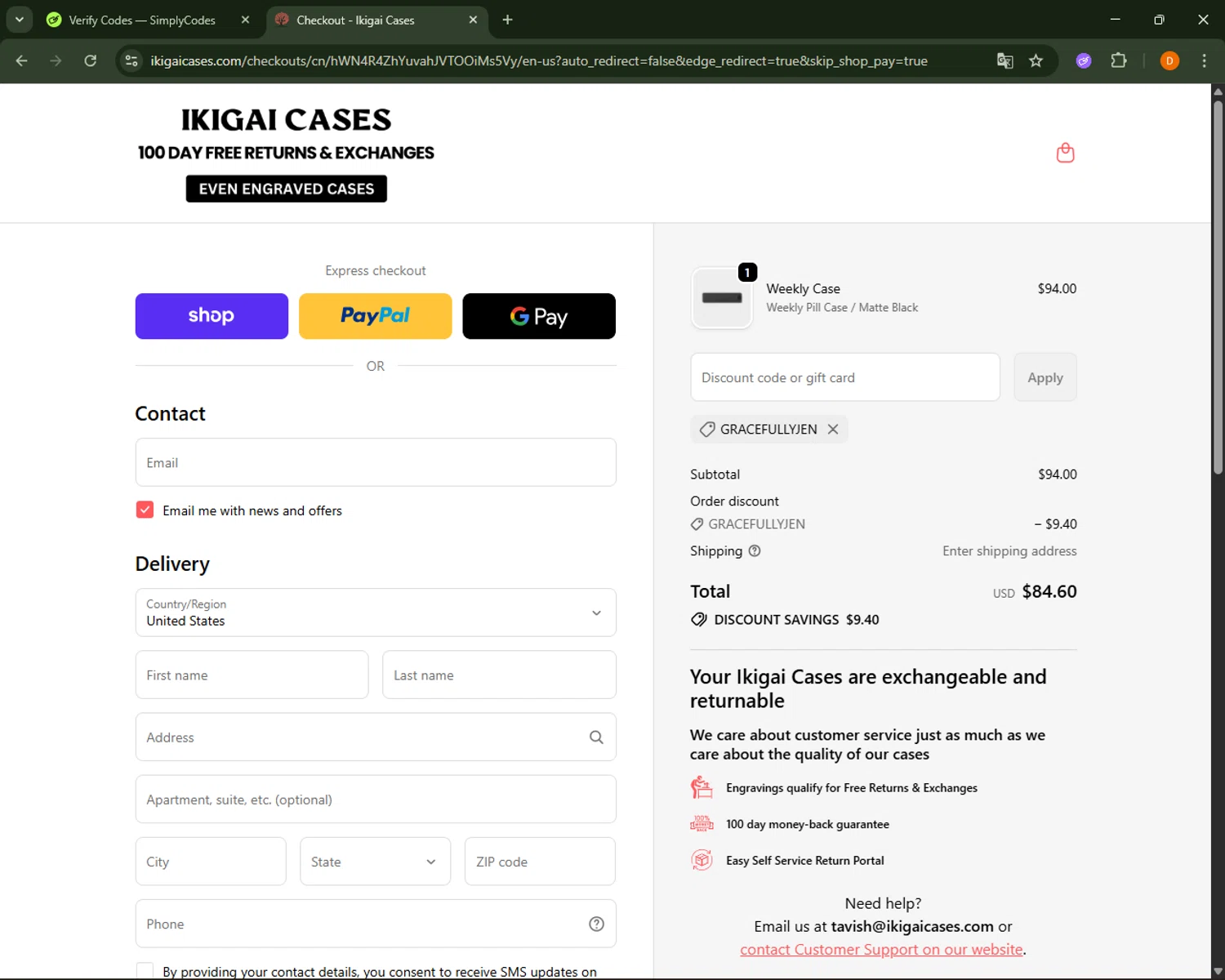 Ikigai Cases discount code screenshot showing code GracefullyJen applied at Ikigai Cases checkout page. Uploaded by SimplyCodes community member FrugalFalcon351 on Oct 23, 2025