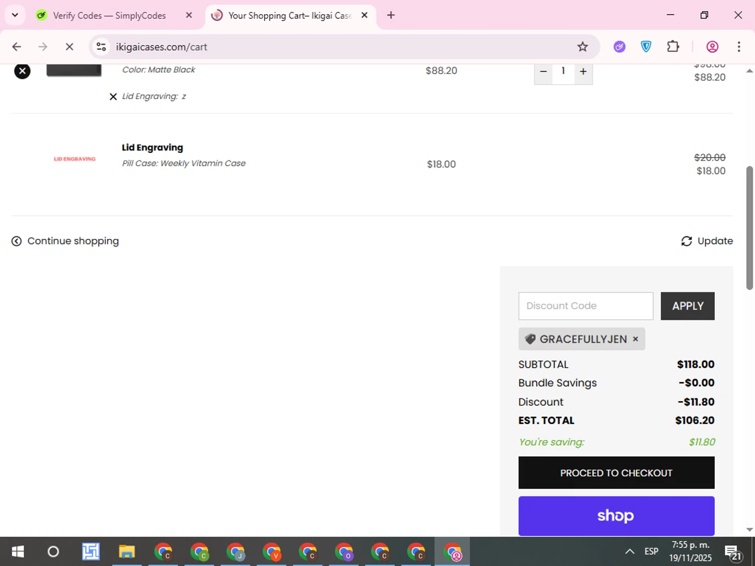 Ikigai Cases discount code screenshot showing code GracefullyJen applied at Ikigai Cases checkout page. Uploaded by SimplyCodes community member QuestCurator1644 on Nov 19, 2025