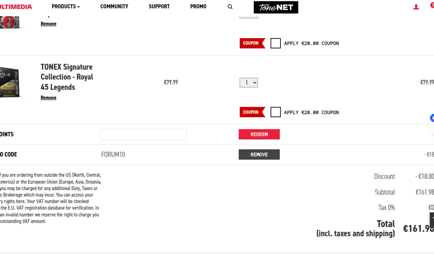 IK Multimedia promo code screenshot showing code FORUM10 applied at IK Multimedia checkout page. Uploaded by SimplyCodes community member CARAJITA on Jun 6, 2026
