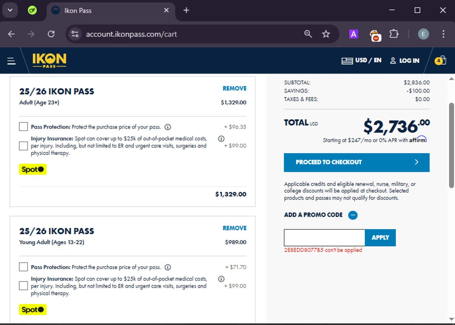 Ikon Pass promo code screenshot showing code 2E8EDD8077B5 applied at Ikon Pass checkout page. Uploaded by SimplyCodes community member LuckyExpert7689 on Mar 29, 2025