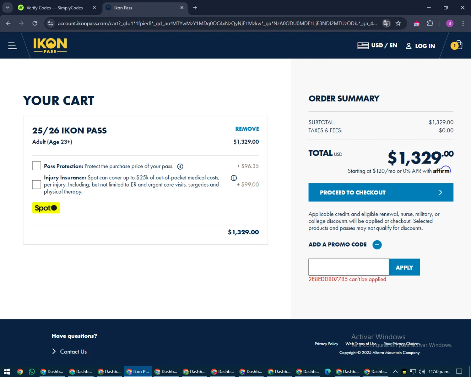 Ikon Pass promo code screenshot showing code 2E8EDD8077B5 applied at Ikon Pass checkout page. Uploaded by SimplyCodes community member travisscott on Mar 22, 2025