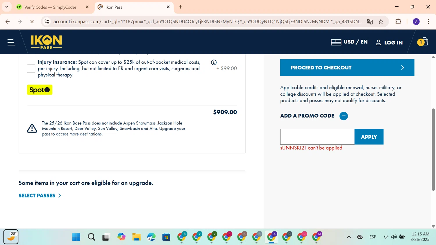 Ikon Pass promo code screenshot showing code SUNNSKI21 applied at Ikon Pass checkout page. Uploaded by SimplyCodes community member BonusWhiz1524 on Mar 26, 2025