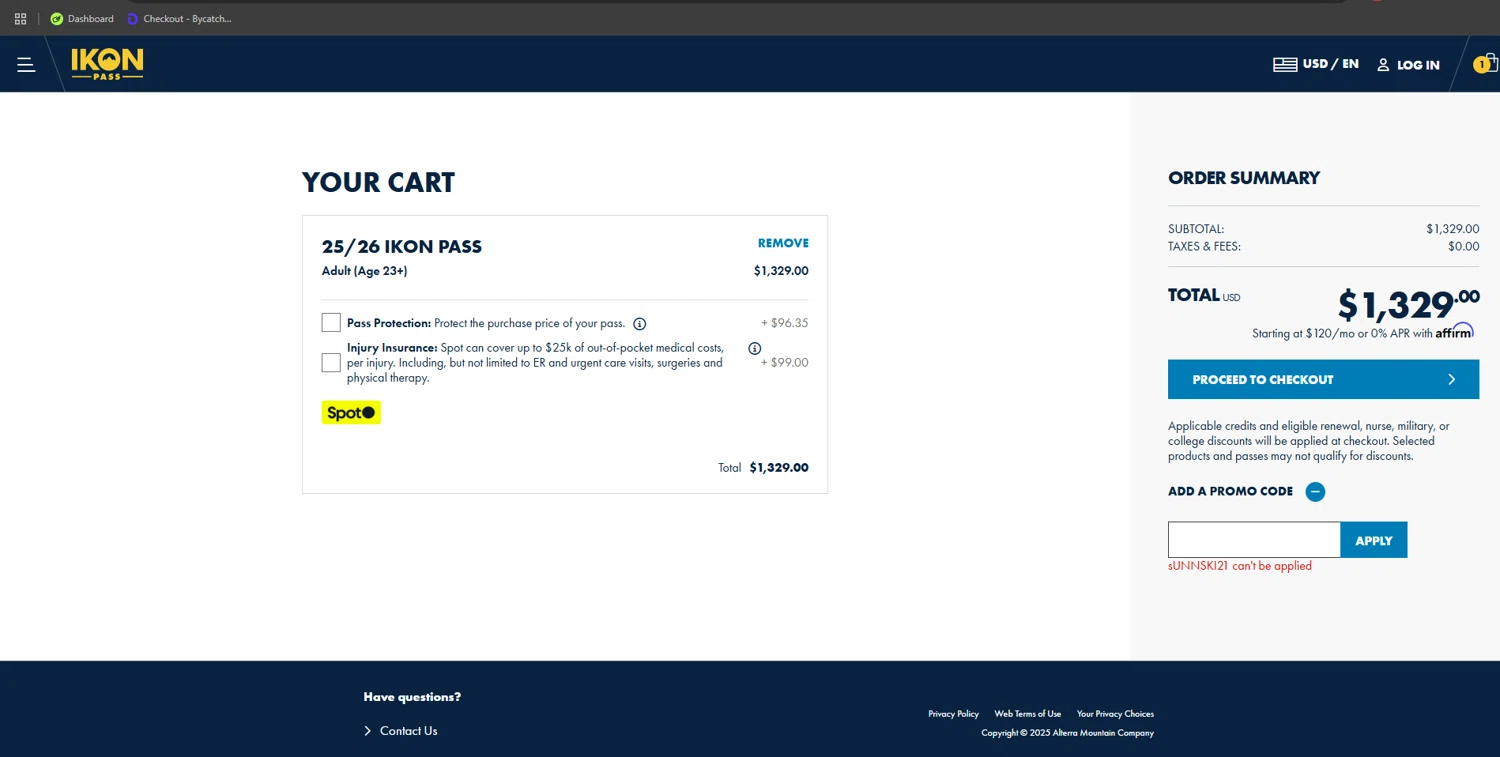Ikon Pass promo code screenshot showing code SUNNSKI21 applied at Ikon Pass checkout page. Uploaded by SimplyCodes community member ishidashoya on Apr 8, 2025