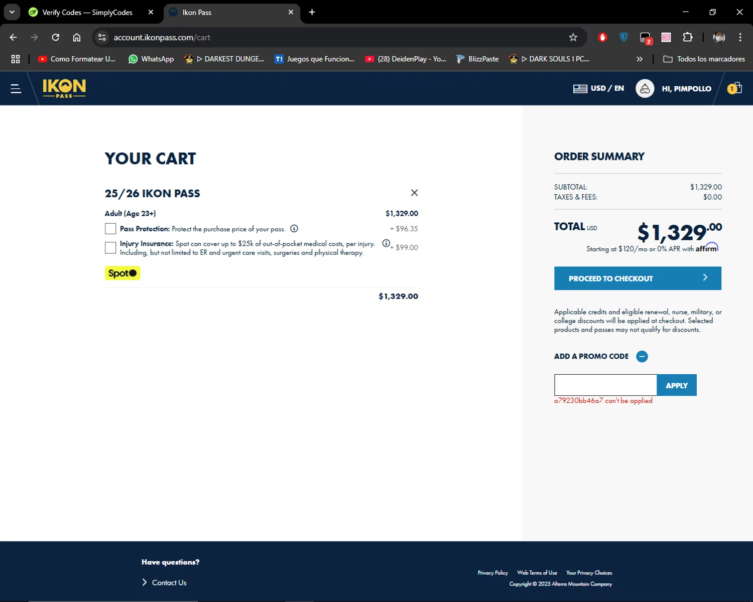 Ikon Pass checkout page showing Ikon Pass promo code box | Screenshot taken by SimplyCodes community member on Mar 13, 2025