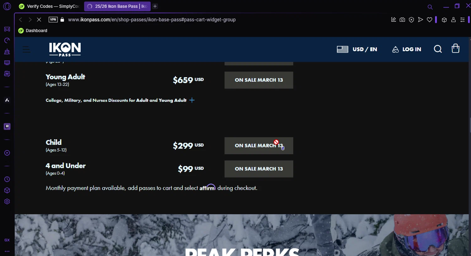 Ikon Pass checkout page showing Ikon Pass promo code box | Screenshot taken by SimplyCodes community member on Mar 6, 2025