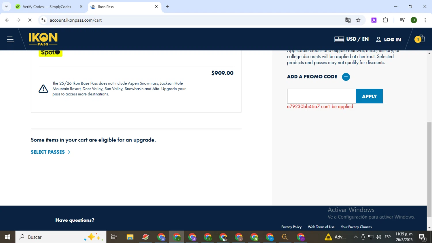 Ikon Pass promo code screenshot showing code a79230bb46a7 applied at Ikon Pass checkout page. Uploaded by SimplyCodes community member CleverSeeker3529 on Mar 27, 2025