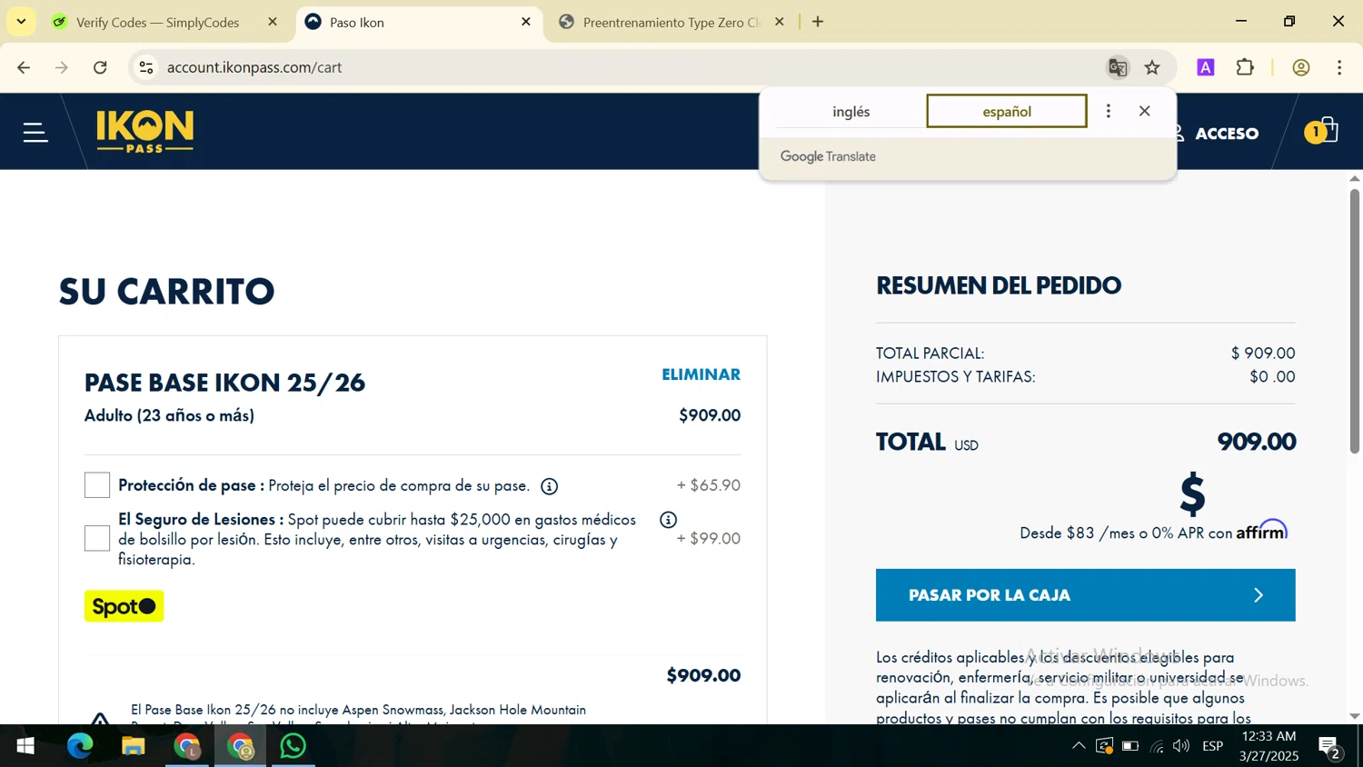 Ikon Pass promo code screenshot showing code a79230bb46a7 applied at Ikon Pass checkout page. Uploaded by SimplyCodes community member PromoPioneer7268 on Mar 27, 2025
