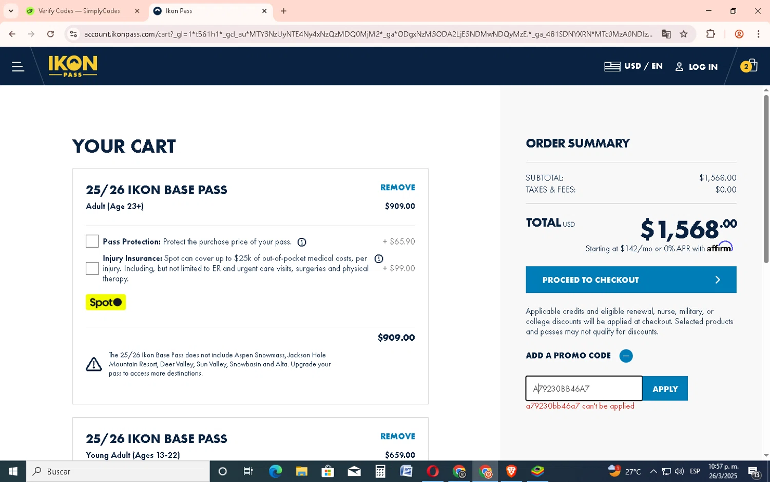 Ikon Pass promo code screenshot showing code a79230bb46a7 applied at Ikon Pass checkout page. Uploaded by SimplyCodes community member EpicSage3474 on Mar 27, 2025