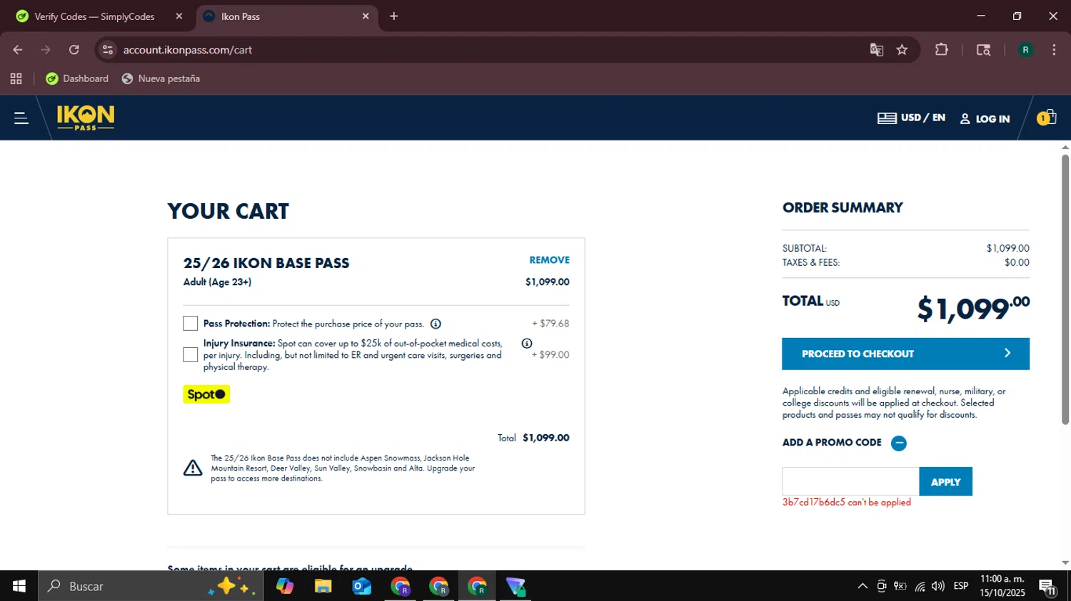 Ikon Pass checkout page showing Ikon Pass promo code box | Screenshot taken by SimplyCodes community member on Oct 15, 2025